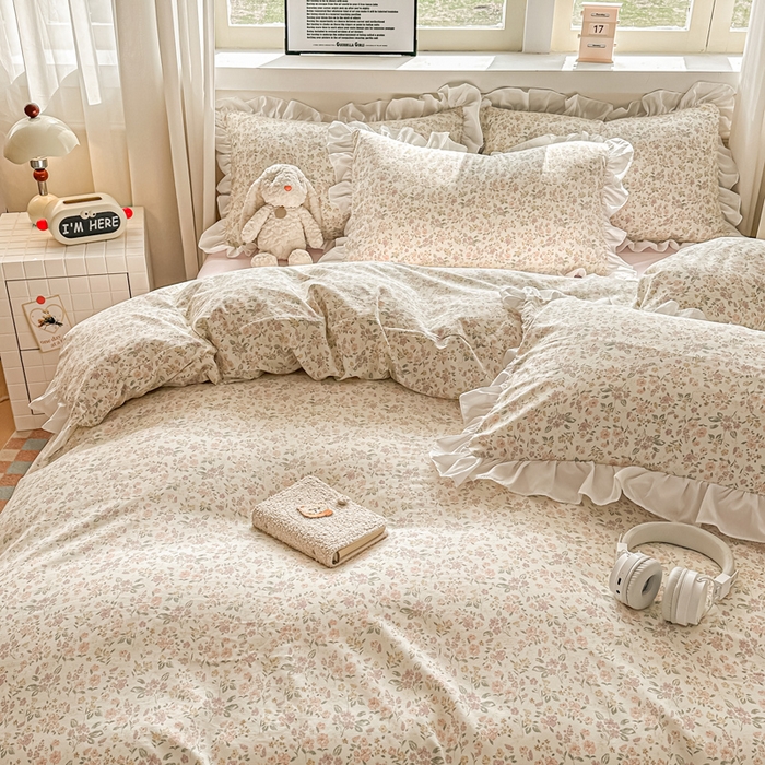 91家纺网 家纺一手货源 找家纺 逸尚阁家纺 2026新款水洗仿棉印花花边四件套-终版 轻轻小细语