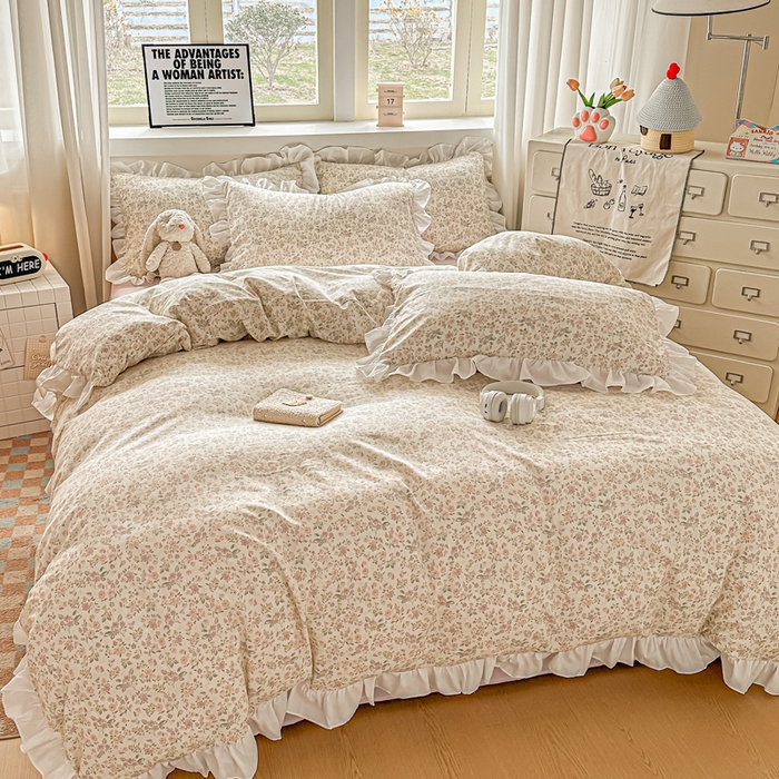 91家纺网 家纺一手货源 找家纺 逸尚阁家纺 2026新款水洗仿棉印花花边四件套-终版 轻轻小细语