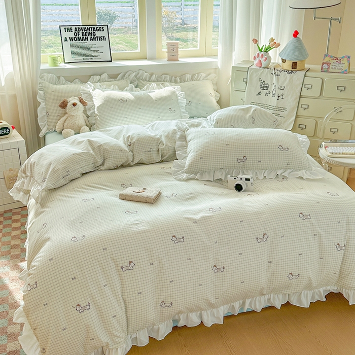 91家纺网 家纺一手货源 找家纺 逸尚阁家纺 2026新款水洗仿棉印花花边四件套-终版 天性狗狗乐园