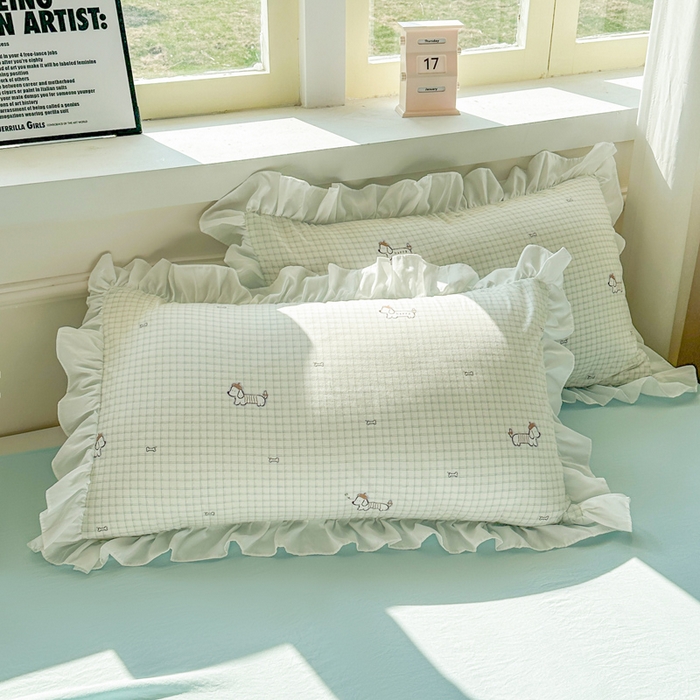 91家纺网 家纺一手货源 找家纺 逸尚阁家纺 2026新款水洗仿棉印花花边四件套-终版 天性狗狗乐园