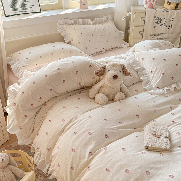 91家纺网 家纺一手货源 找家纺 逸尚阁家纺 2026新款水洗仿棉印花花边四件套-终版 甜甜草莓区