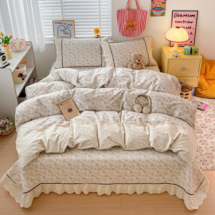 91家纺网 家纺一手货源 找家纺 岚吉家纺 2026年新款A类法式全棉花边床盖三件套四件套 秋海棠-兰