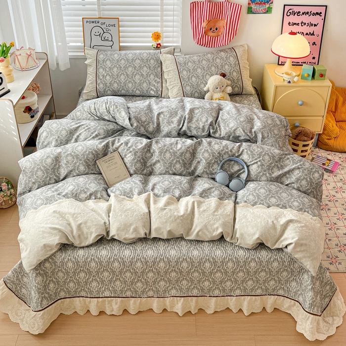 91家纺网 家纺一手货源 找家纺 岚吉家纺 2026年新款A类法式全棉花边床盖三件套四件套 忆江南-灰