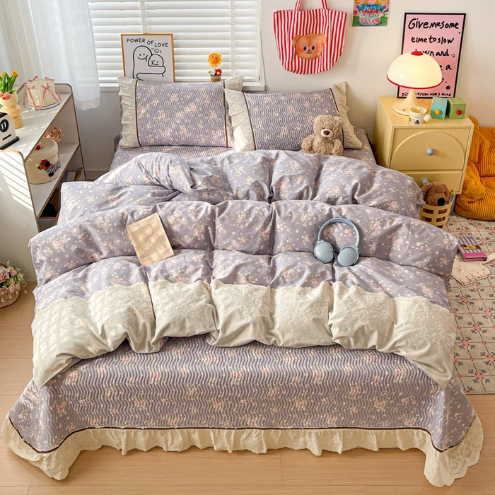 91家纺网 家纺一手货源 找家纺 岚吉家纺 2026年新款A类法式全棉花边床盖三件套四件套 雨蝶-紫