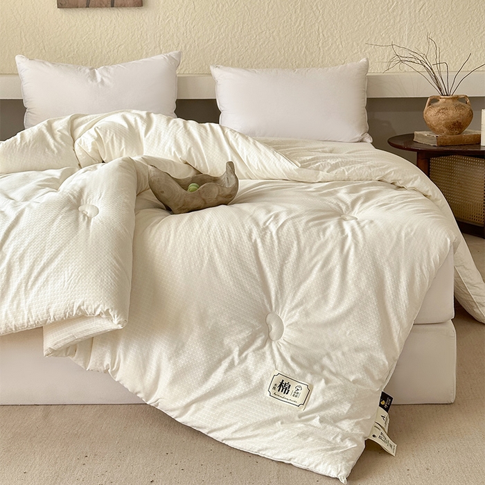 91家纺网 家纺一手货源 找家纺 蓝雀翎 2025新款原棉针织棉华夫格大豆被子被芯 米白