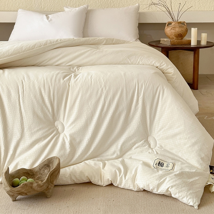 91家纺网 家纺一手货源 找家纺 蓝雀翎 2025新款原棉针织棉华夫格大豆被子被芯 米白