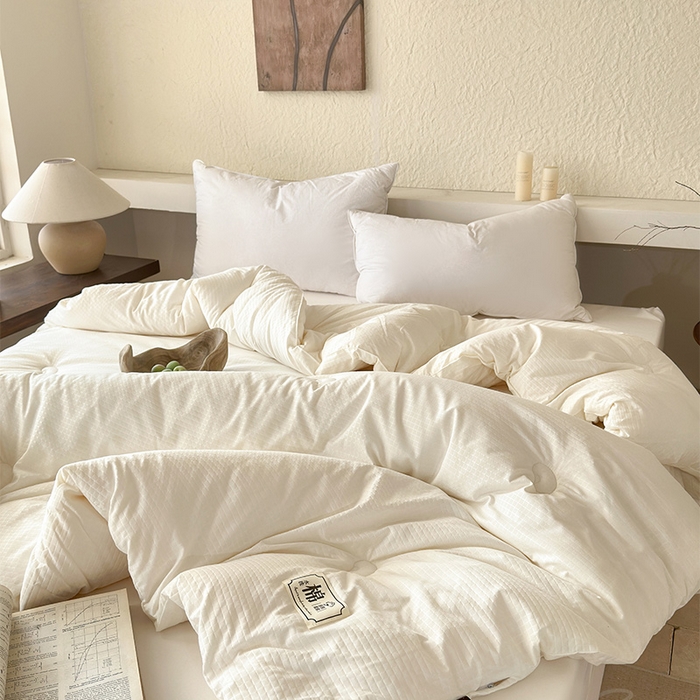 91家纺网 家纺一手货源 找家纺 蓝雀翎 2025新款原棉针织棉华夫格大豆被子被芯 米白