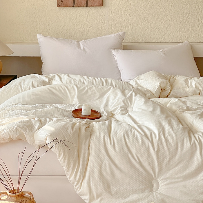 91家纺网 家纺一手货源 找家纺 蓝雀翎 2025新款原棉针织棉华夫格大豆被子被芯 米白