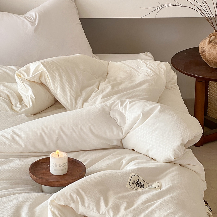 91家纺网 家纺一手货源 找家纺 蓝雀翎 2025新款原棉针织棉华夫格大豆被子被芯 米白