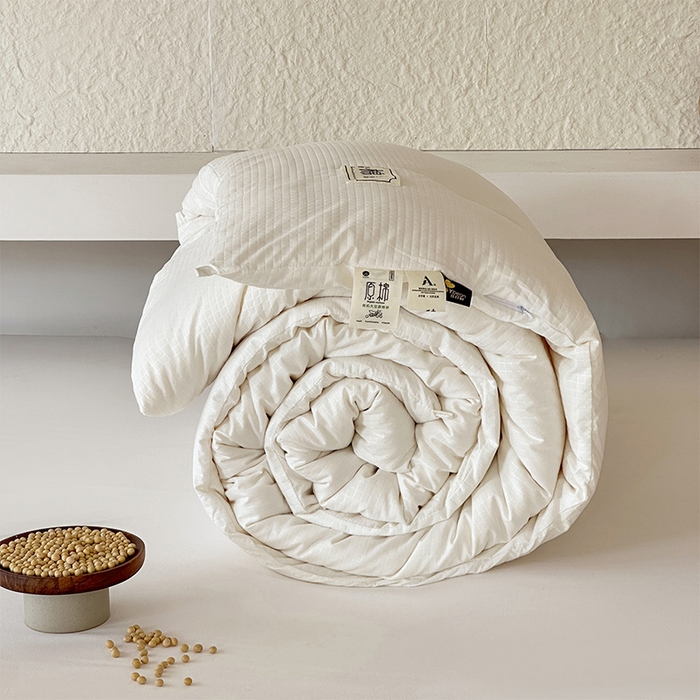 91家纺网 家纺一手货源 找家纺 蓝雀翎 2025新款原棉针织棉华夫格大豆被子被芯 米白