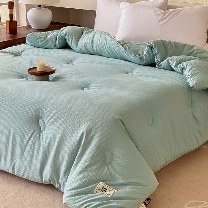 91家纺网 家纺一手货源 找家纺 蓝雀翎 2025新款原棉针织棉华夫格大豆被子被芯 湖蓝