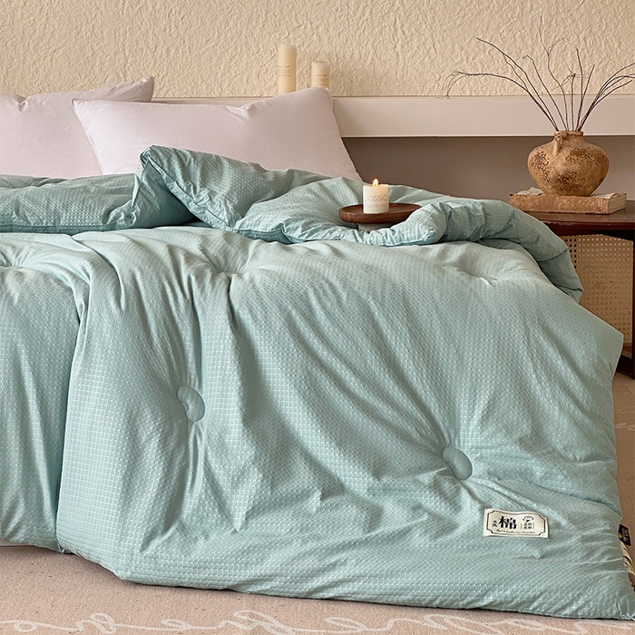 91家纺网 家纺一手货源 找家纺 蓝雀翎 2025新款原棉针织棉华夫格大豆被子被芯 湖蓝