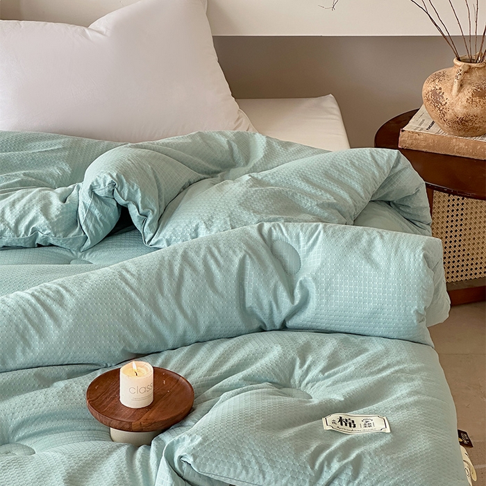 91家纺网 家纺一手货源 找家纺 蓝雀翎 2025新款原棉针织棉华夫格大豆被子被芯 湖蓝