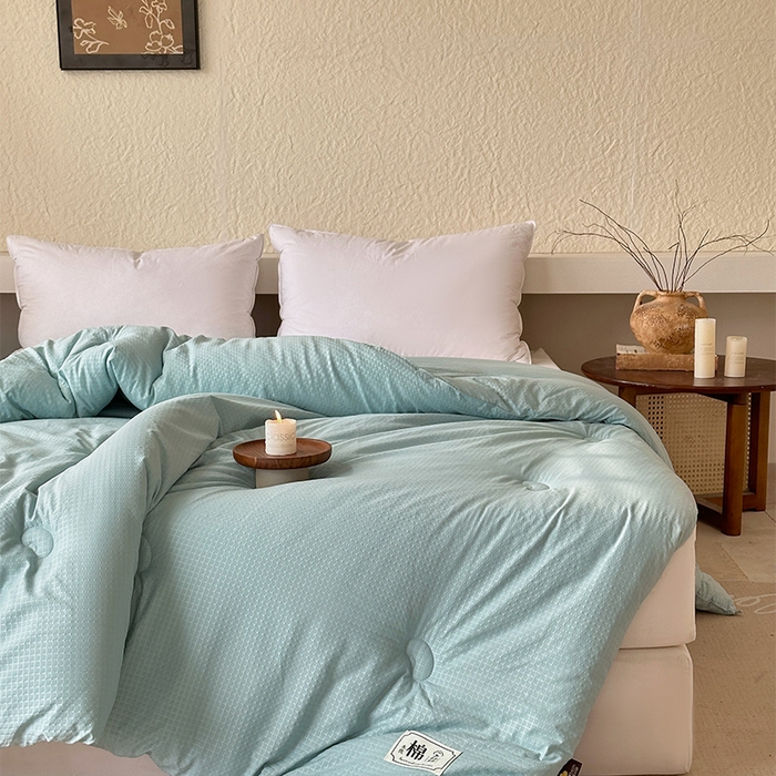 91家纺网 家纺一手货源 找家纺 蓝雀翎 2025新款原棉针织棉华夫格大豆被子被芯 湖蓝