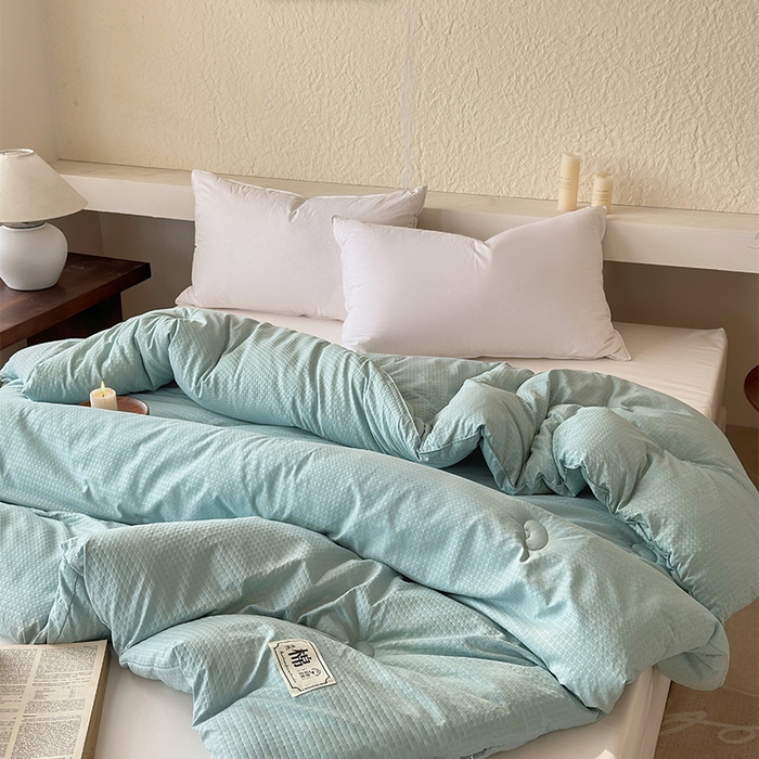 91家纺网 家纺一手货源 找家纺 蓝雀翎 2025新款原棉针织棉华夫格大豆被子被芯 湖蓝