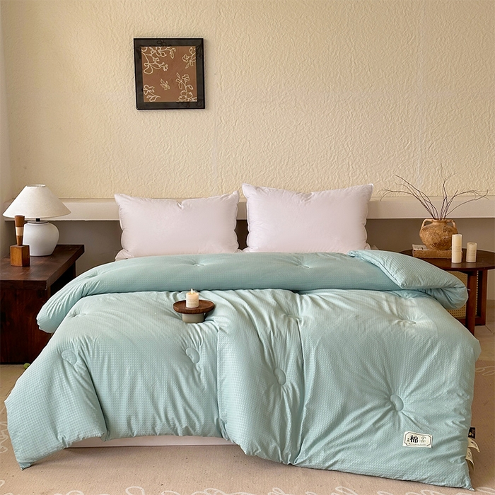 91家纺网 家纺一手货源 找家纺 蓝雀翎 2025新款原棉针织棉华夫格大豆被子被芯 湖蓝