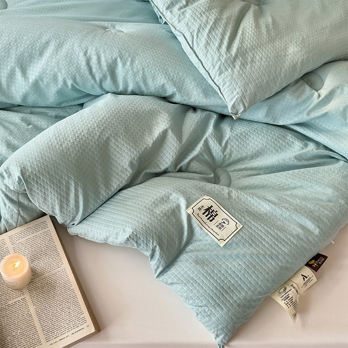 91家纺网 家纺一手货源 找家纺 蓝雀翎 2025新款原棉针织棉华夫格大豆被子被芯 湖蓝