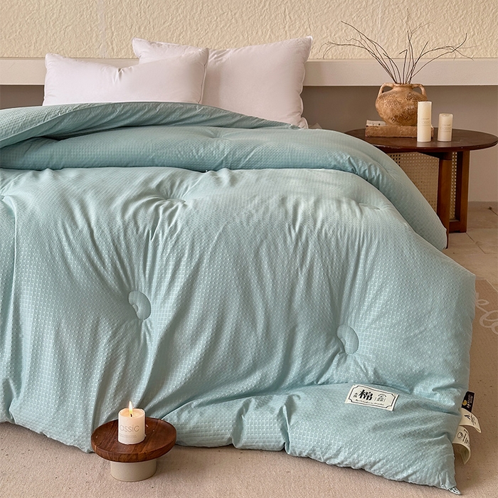 91家纺网 家纺一手货源 找家纺 蓝雀翎 2025新款原棉针织棉华夫格大豆被子被芯 湖蓝