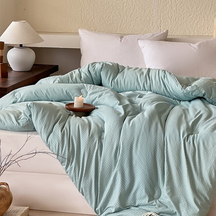 91家纺网 家纺一手货源 找家纺 蓝雀翎 2025新款原棉针织棉华夫格大豆被子被芯 湖蓝