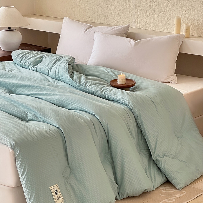 91家纺网 家纺一手货源 找家纺 蓝雀翎 2025新款原棉针织棉华夫格大豆被子被芯 湖蓝