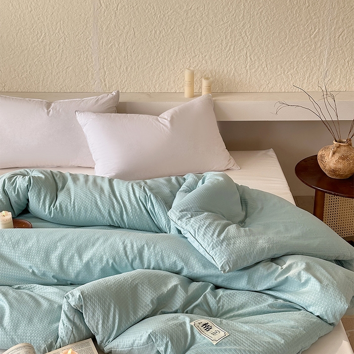 91家纺网 家纺一手货源 找家纺 蓝雀翎 2025新款原棉针织棉华夫格大豆被子被芯 湖蓝