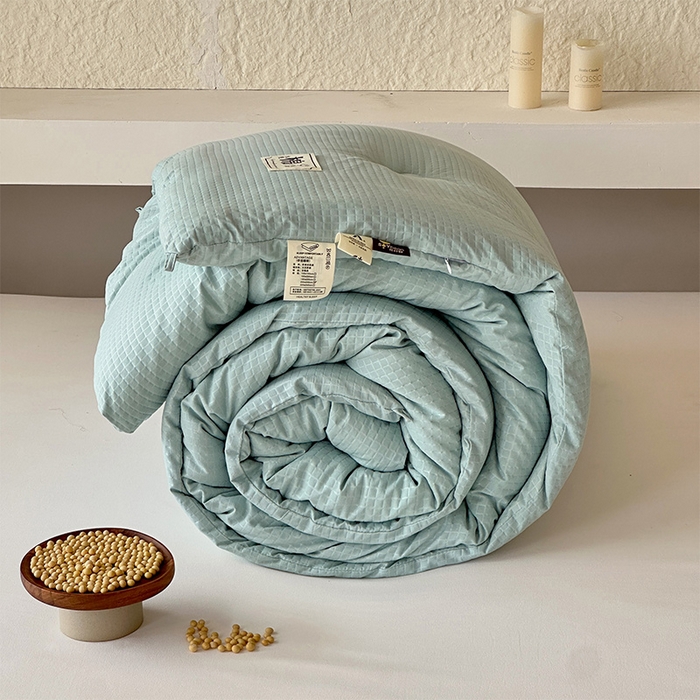 91家纺网 家纺一手货源 找家纺 蓝雀翎 2025新款原棉针织棉华夫格大豆被子被芯 湖蓝