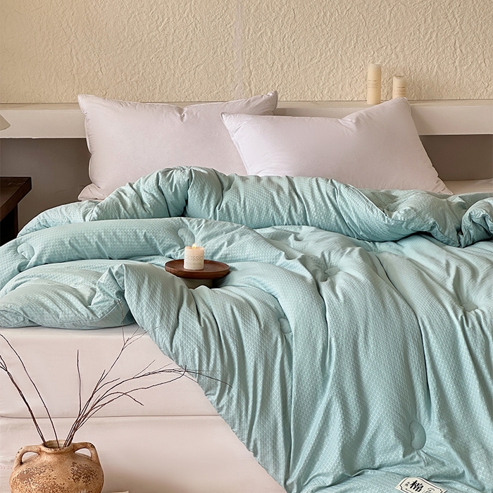 91家纺网 家纺一手货源 找家纺 蓝雀翎 2025新款原棉针织棉华夫格大豆被子被芯 湖蓝