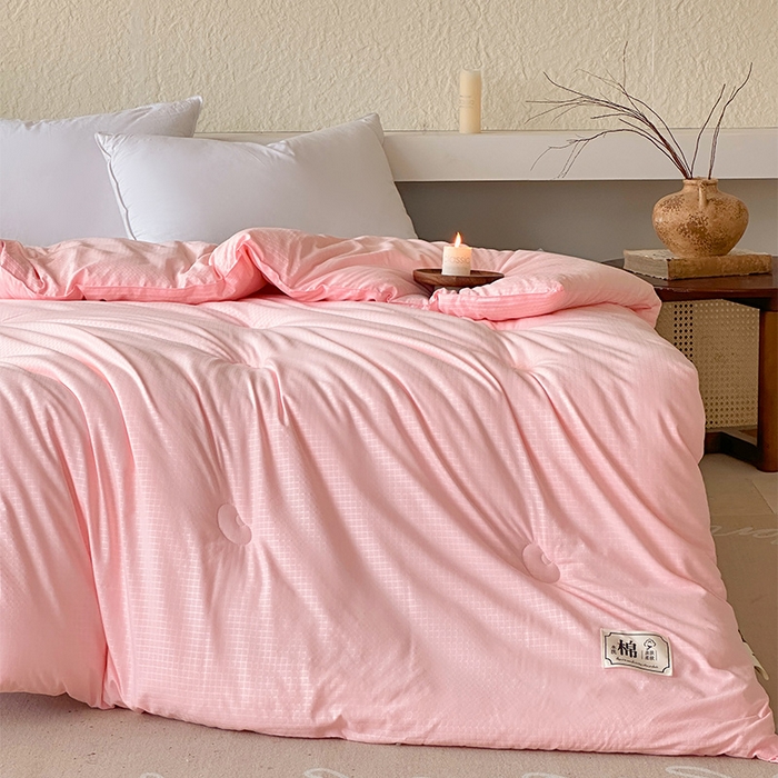 91家纺网 家纺一手货源 找家纺 蓝雀翎 2025新款原棉针织棉华夫格大豆被子被芯 粉玉