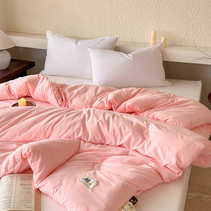 91家纺网 家纺一手货源 找家纺 蓝雀翎 2025新款原棉针织棉华夫格大豆被子被芯 粉玉