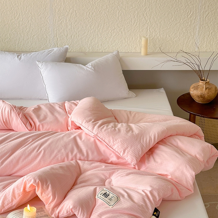 91家纺网 家纺一手货源 找家纺 蓝雀翎 2025新款原棉针织棉华夫格大豆被子被芯 粉玉