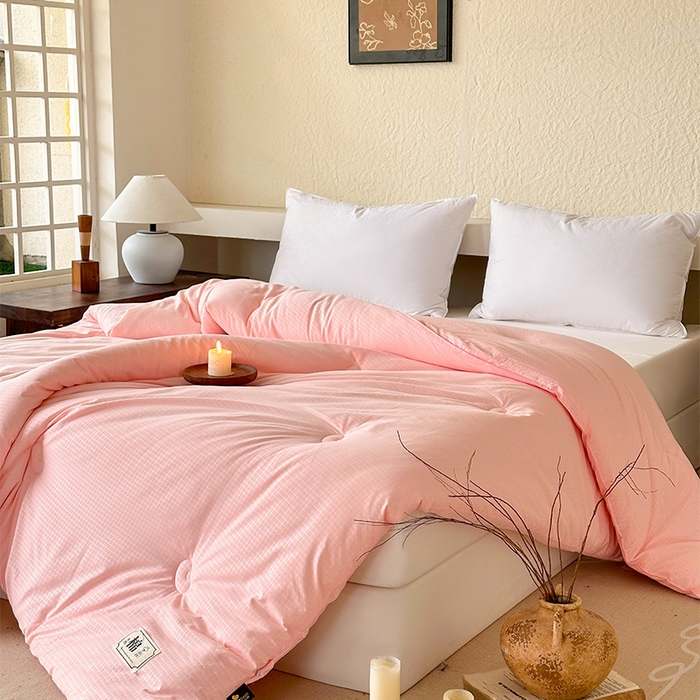 91家纺网 家纺一手货源 找家纺 蓝雀翎 2025新款原棉针织棉华夫格大豆被子被芯 粉玉