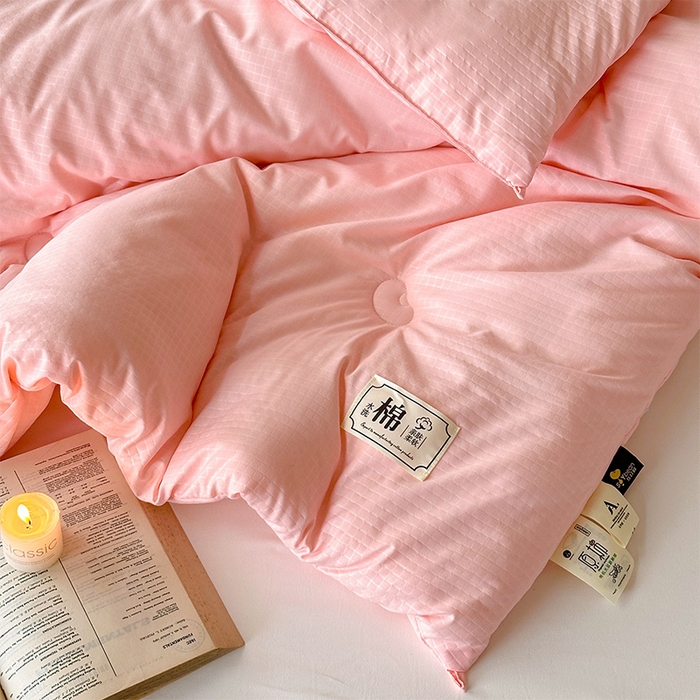 91家纺网 家纺一手货源 找家纺 蓝雀翎 2025新款原棉针织棉华夫格大豆被子被芯 粉玉