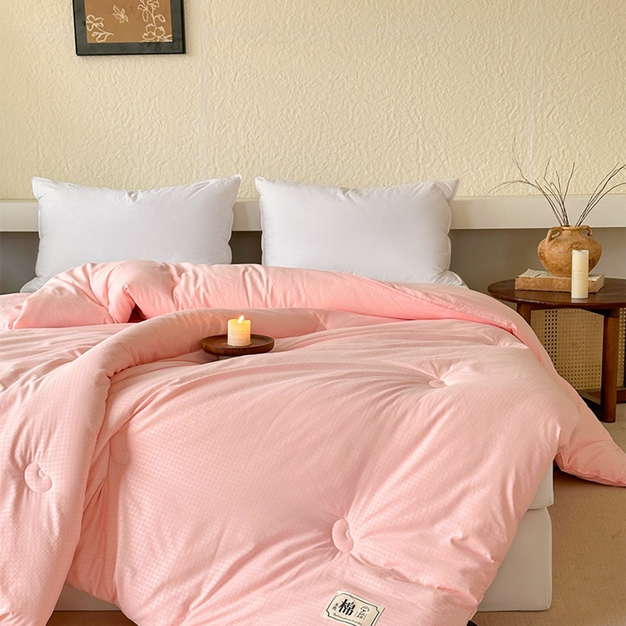 91家纺网 家纺一手货源 找家纺 蓝雀翎 2025新款原棉针织棉华夫格大豆被子被芯 粉玉