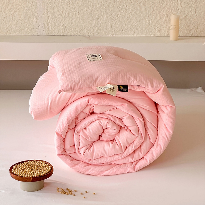 91家纺网 家纺一手货源 找家纺 蓝雀翎 2025新款原棉针织棉华夫格大豆被子被芯 粉玉