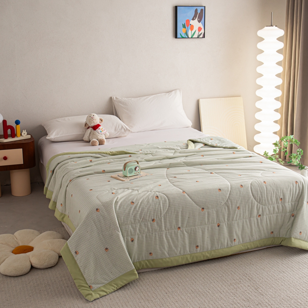 91家纺网 家纺一手货源 找家纺 亿莱鑫 2026新款手包边凉感抗菌夏凉被空调被 格子草莓-绿