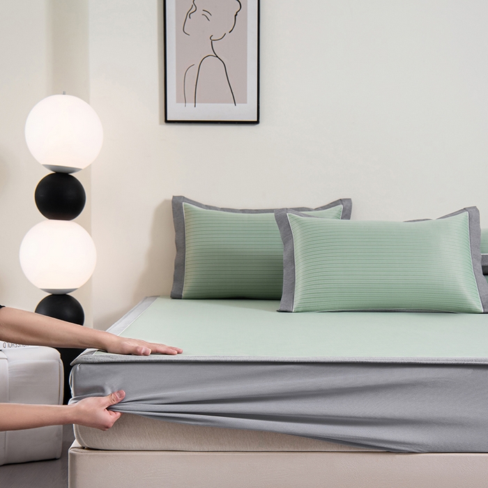 91家纺网 家纺一手货源 找家纺 小牛席业 2026新款海岛夏日凉感冰丝席系列（床笠款） 海岛夏日-绿色