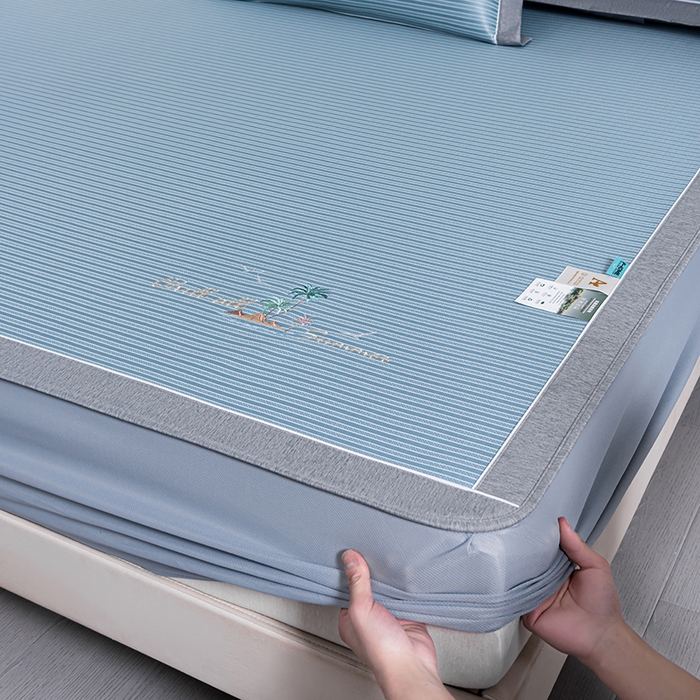 91家纺网 家纺一手货源 找家纺 小牛席业 2026新款海岛夏日凉感冰丝席系列（床笠款） 海岛夏日-蓝色