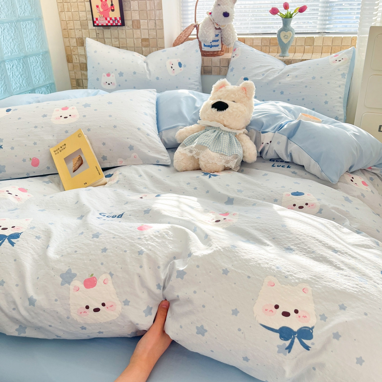 91家纺网 家纺一手货源 找家纺 川悦生活 2026新款云感双层纱木棉四件套 星星西高地