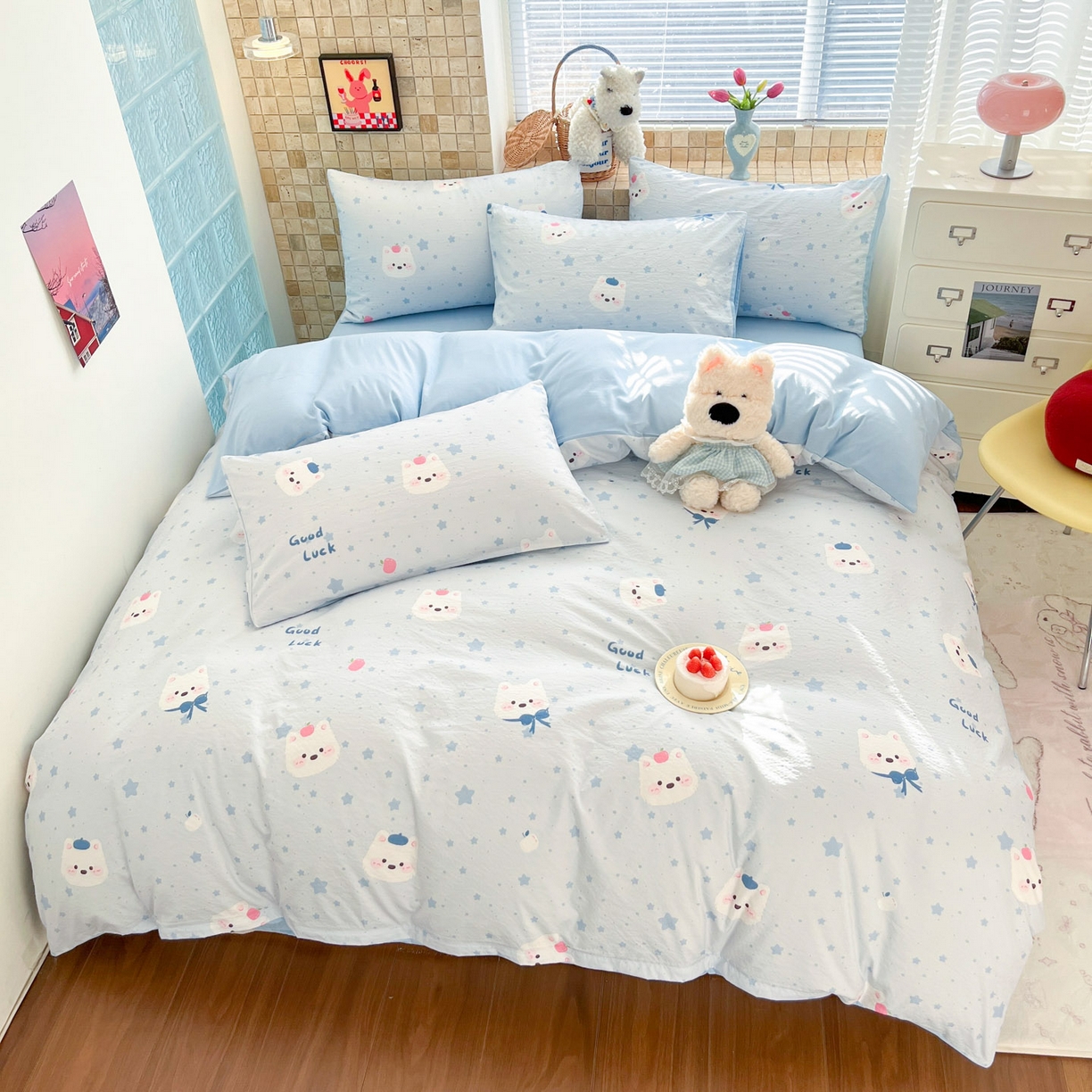 91家纺网 家纺一手货源 找家纺 川悦生活 2026新款云感双层纱木棉四件套 星星西高地