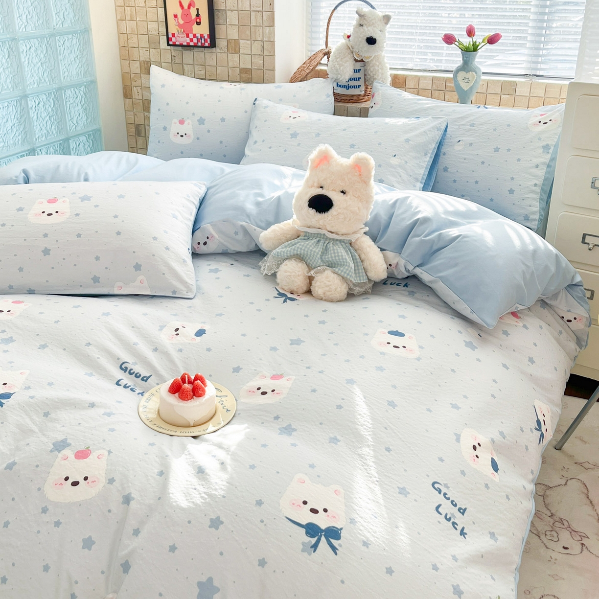 91家纺网 家纺一手货源 找家纺 川悦生活 2026新款云感双层纱木棉四件套 星星西高地