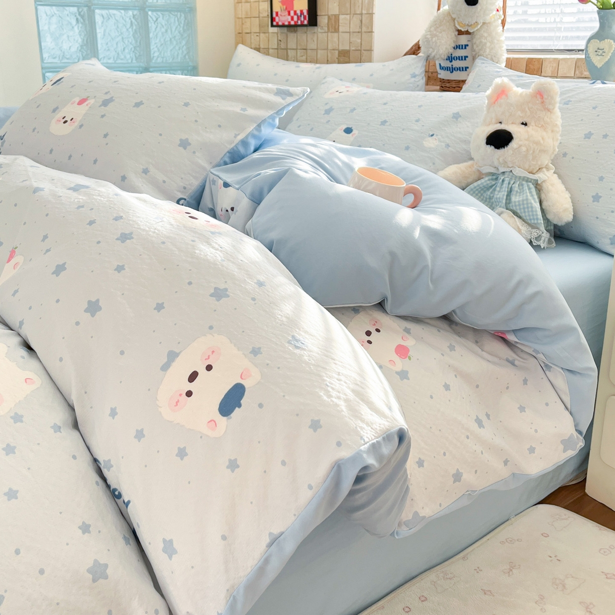 91家纺网 家纺一手货源 找家纺 川悦生活 2026新款云感双层纱木棉四件套 星星西高地