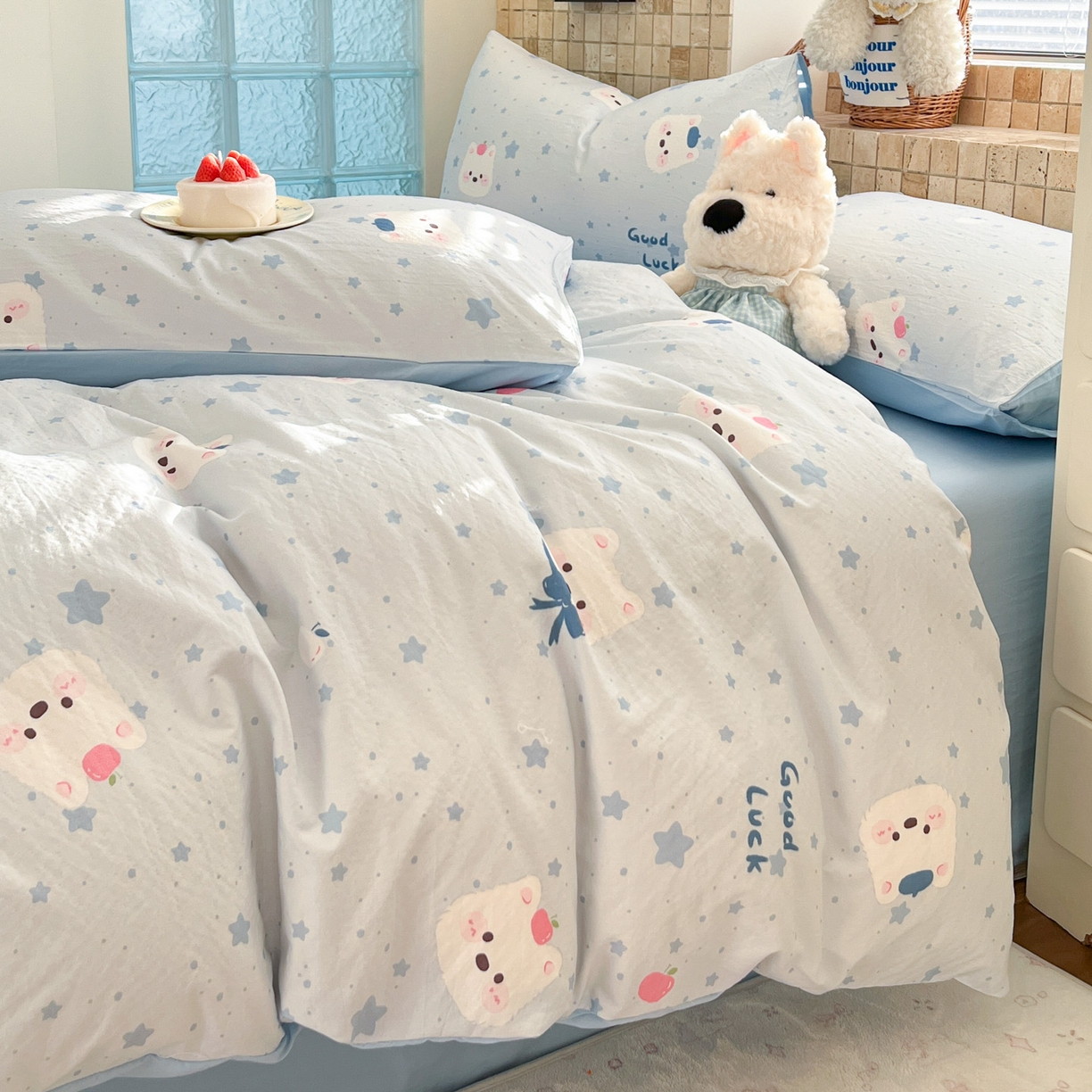 91家纺网 家纺一手货源 找家纺 川悦生活 2026新款云感双层纱木棉四件套 星星西高地