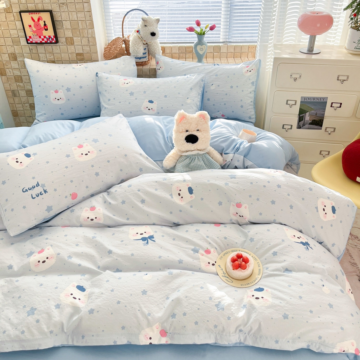 91家纺网 家纺一手货源 找家纺 川悦生活 2026新款云感双层纱木棉四件套 星星西高地