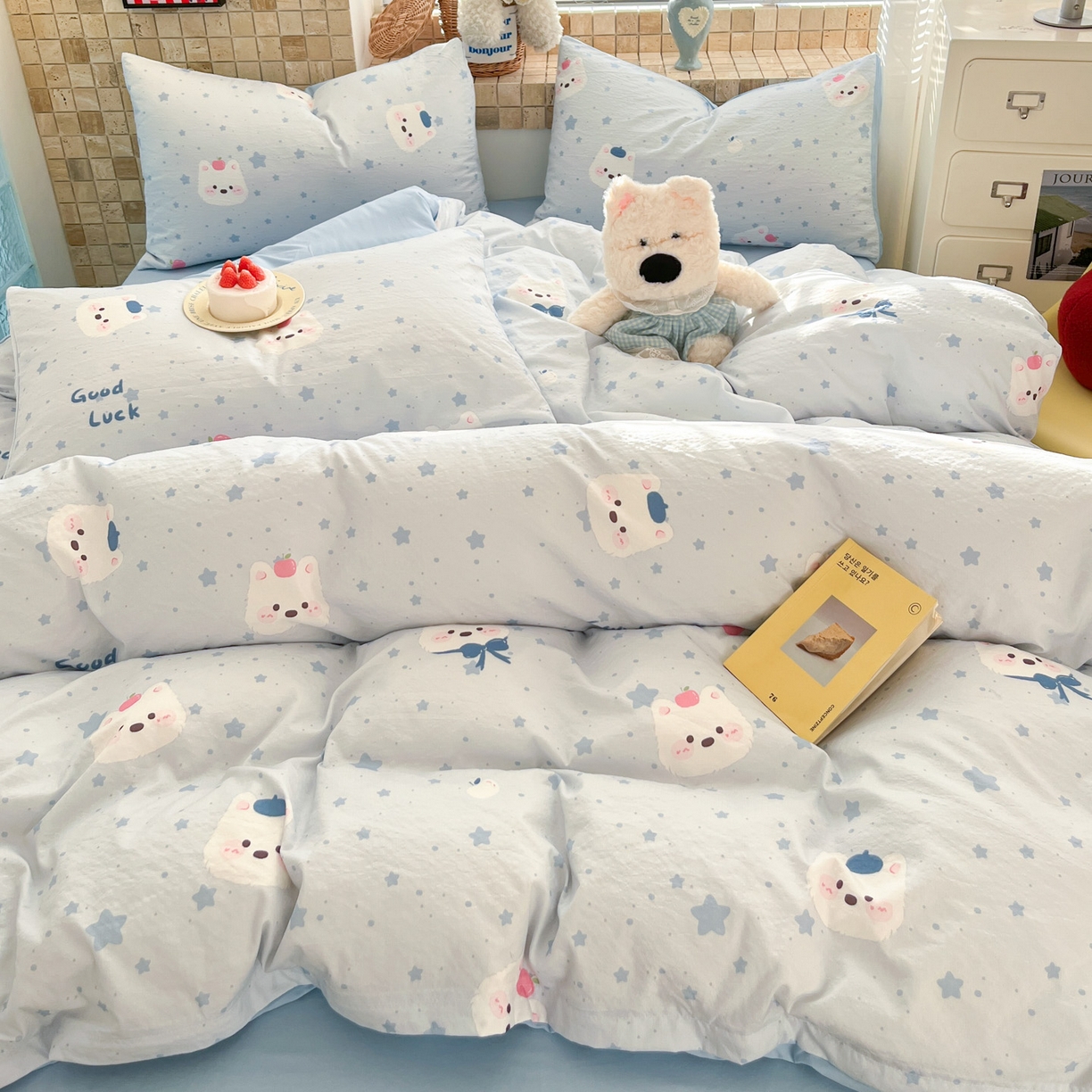 91家纺网 家纺一手货源 找家纺 川悦生活 2026新款云感双层纱木棉四件套 星星西高地