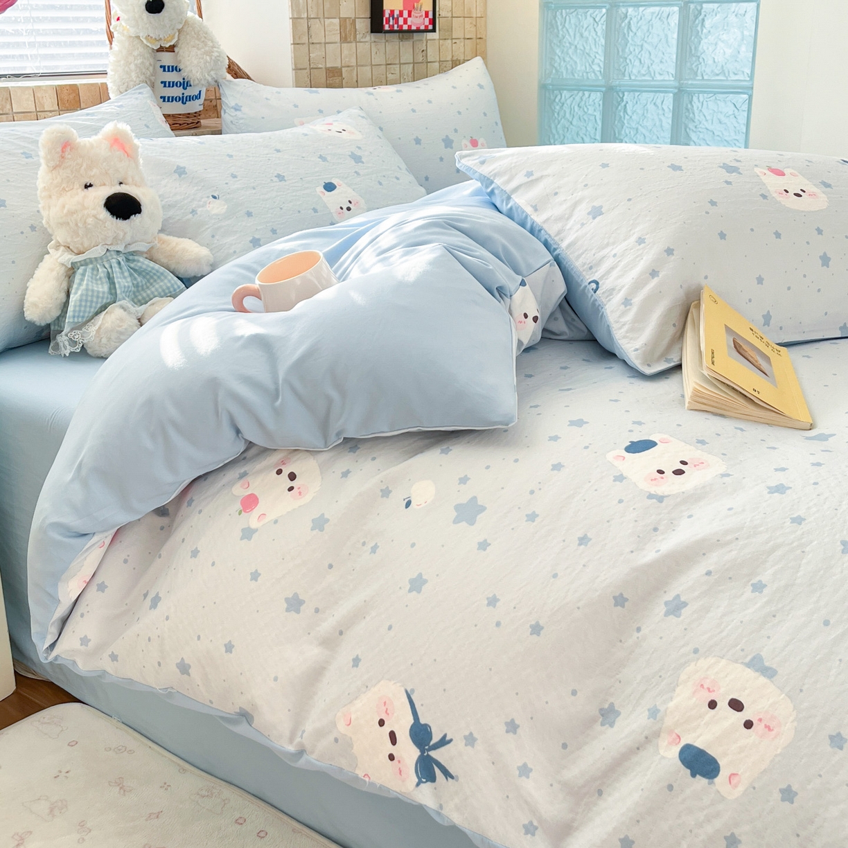 91家纺网 家纺一手货源 找家纺 川悦生活 2026新款云感双层纱木棉四件套 星星西高地