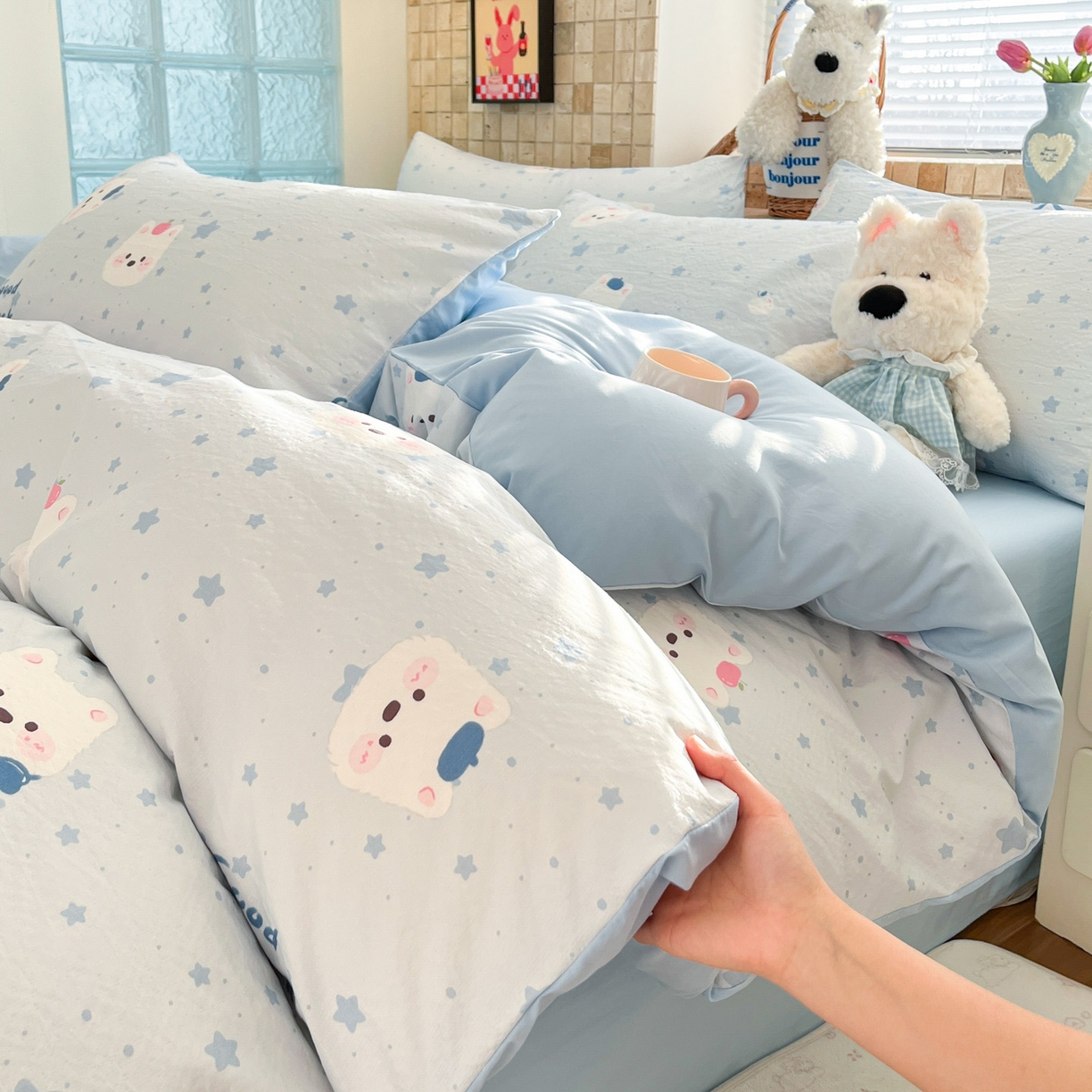 川悦生活 2026新款云感双层纱木棉四件套 星星西高地