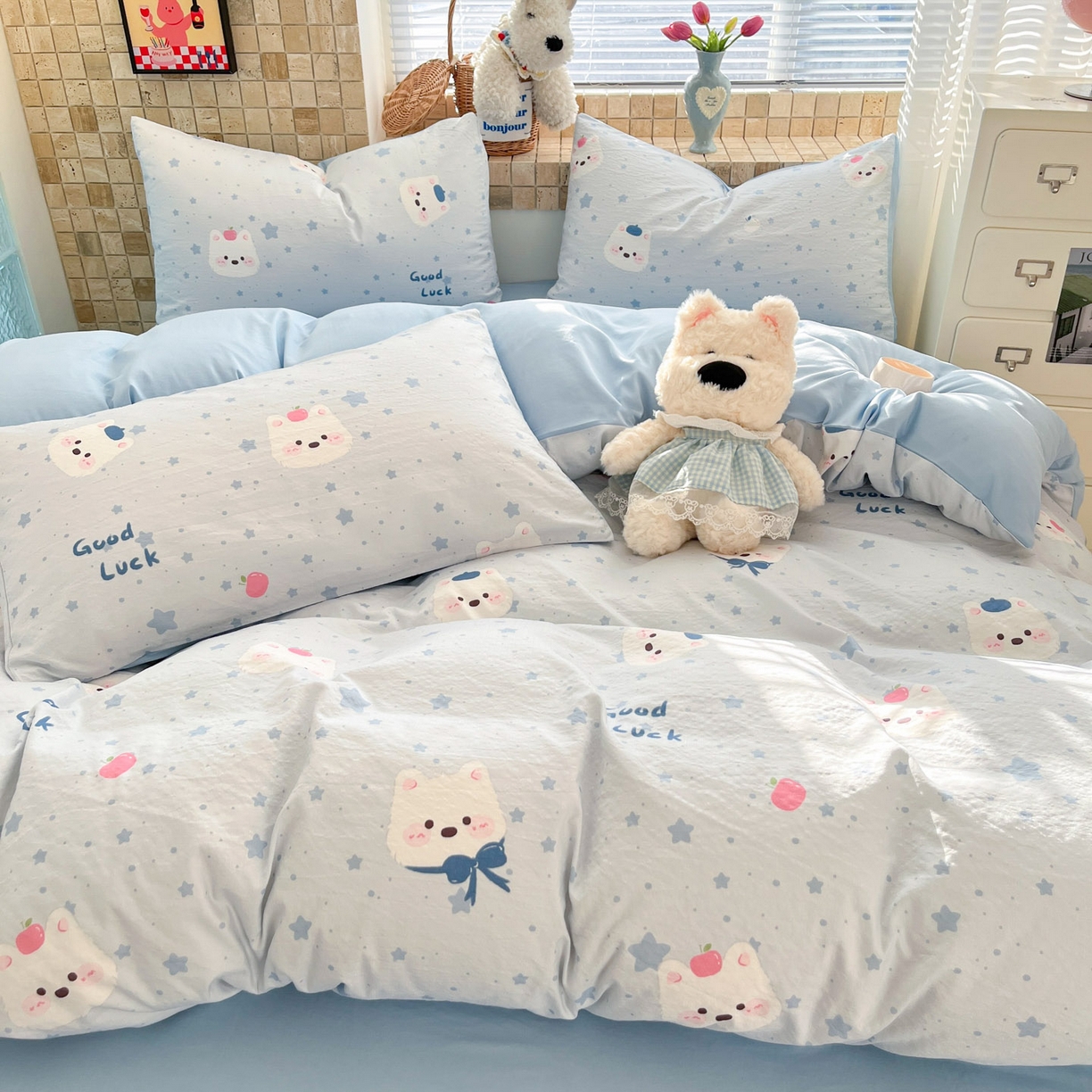 91家纺网 家纺一手货源 找家纺 川悦生活 2026新款云感双层纱木棉四件套 星星西高地