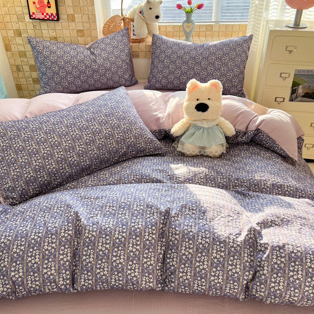 91家纺网 家纺一手货源 找家纺 川悦生活 2026新款云感双层纱木棉四件套 西斯花圃