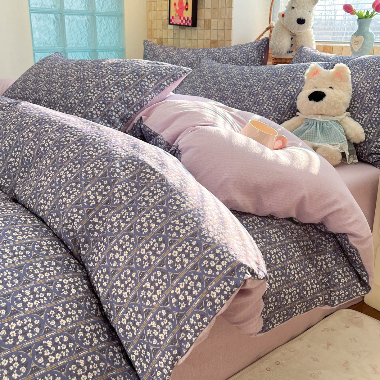 91家纺网 家纺一手货源 找家纺 川悦生活 2026新款云感双层纱木棉四件套 西斯花圃