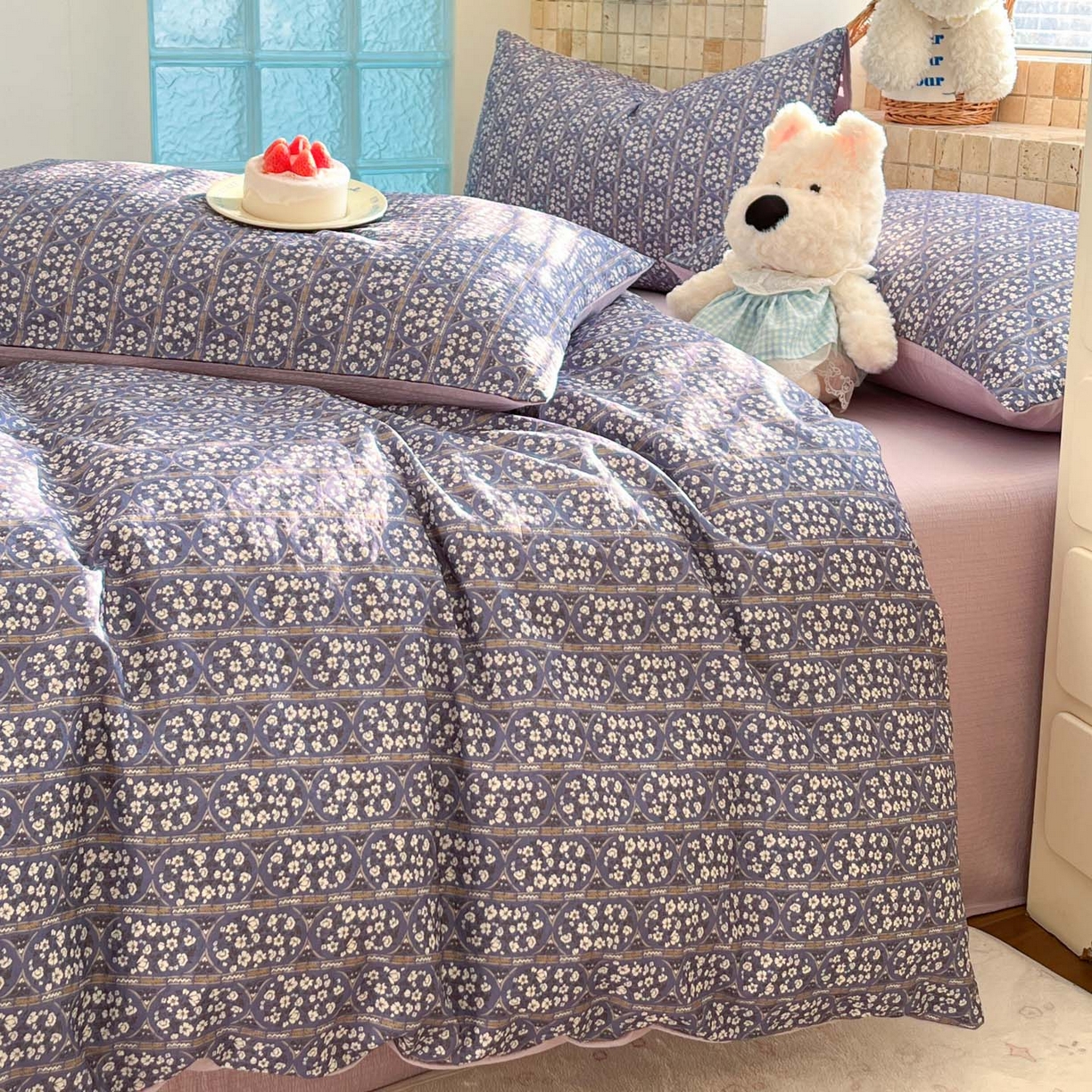 91家纺网 家纺一手货源 找家纺 川悦生活 2026新款云感双层纱木棉四件套 西斯花圃